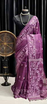Saree Pure Gachi By Gachi Tussar Jamdani Handloom Festive Traditional Durga Pujo Diwali Purple S11022 Saree - Saree - Aakritee - S11022